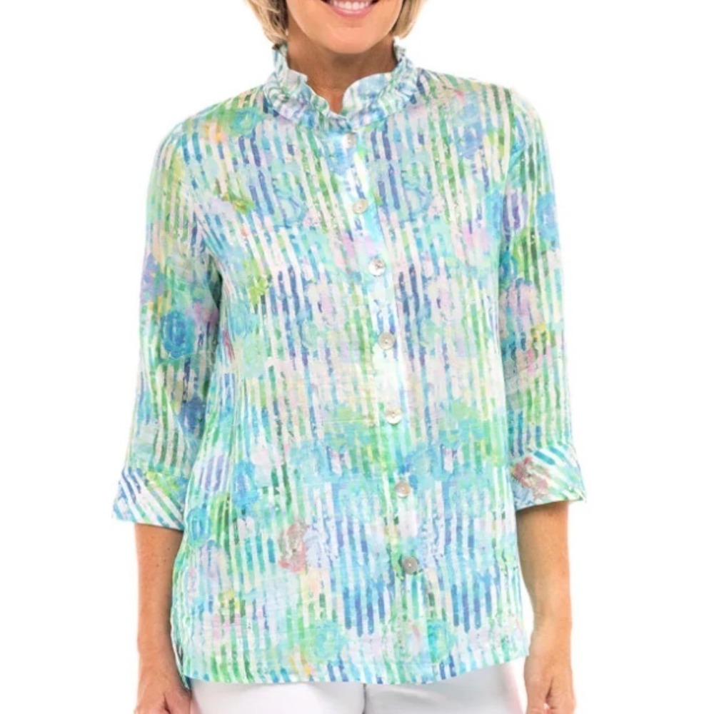Terra SJ Watercolor Stripe Ruffle Collar Button Up Green Art to wear tunic - Picture 3 of 12